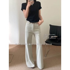 批发佐陌6956春季韩版复古高腰弹力百搭洋气设计牛仔筒微喇裤女
