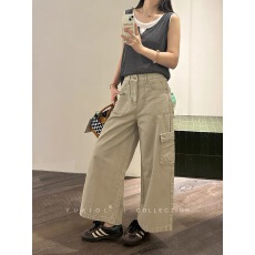 批发小羽家牛仔<b class='q'>裤</b>女2026春季<b class='q'>新款</b>卡其色阔腿<b class='q'>裤</b><b class='q'>韩版</b>高腰工<b class='q'>装</b>口袋九分<b class='q'>裤</b>