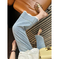 批发蕾丝边九分阔腿奶奶<b class='q'>裤</b>女夏季新浅蓝色<b class='q'>宽松</b>直筒牛仔<b class='q'>裤</b>