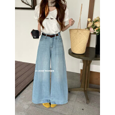 批发U+牛仔早春新款韩版百搭高腰显瘦遮肉设计感<b class='q'>阔腿裤</b>牛仔裤16028