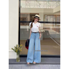 希思黎高腰阔腿牛仔甩裤女蓝色显瘦裤型配腰带超有亮点2026年春季
