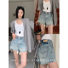 批发SMX<b class='q'>牛仔裤</b>女2026年夏季薄款短裤高腰<b class='q'>显瘦</b>蓝色阔腿A字热裤67035