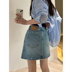 批发牛仔短裙女款夏季半身裙薄款显瘦高腰浅蓝色无弹开叉A字裙