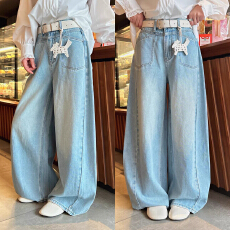 批发<b class='q'>欧洲站</b>2026春季高腰竖插口袋小马挂件腰带阔腿压线浅色<b class='q'>牛仔裤</b>长裤