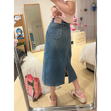 批发小羽家牛仔裙女2026夏季新款中长款半身裙弹力高腰蓝色开叉A字裙