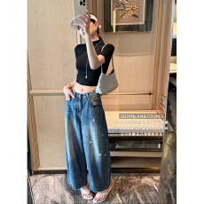 批发素心兰2026夏季薄料磨破洞<b class='q'>九分</b>气球街头弯刀裤牛仔阔腿裤38912