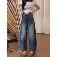 批发欧货复古磨破九分弯刀牛仔裤女<b class='q'>春</b>夏洋气水洗高腰宽松显瘦阔腿中裤
