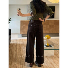 批发小羽家直筒裤女秋季阔腿裤灯芯绒复古深咖高腰翻盖口袋<b class='q'>九分</b>奶奶裤