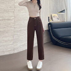 批发实拍2026春季小个子咖色<b class='q'>牛仔</b>裤女显高<b class='q'>哈伦</b>裤高腰萝卜裤