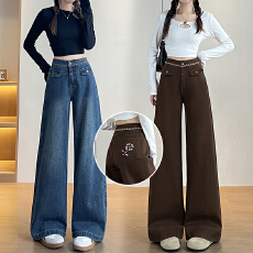 批发实拍2026春季新款咖色小个子阔腿裤重工刺绣<b class='q'>牛仔裤</b>女直筒裤高腰