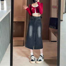 批发实拍2026夏季新款小个子<b class='q'>牛仔</b>裙后松紧腰半身裙后开叉中<b class='q'>长裙</b>撞色
