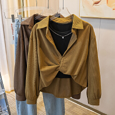 批发实拍大码女装秋冬新款磨毛纯色衬衫内搭设计感打底叠穿毛衣两件套