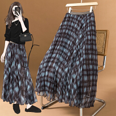 批发实拍大码女装秋冬季新款韩系网纱拼接撞色格纹垂感褶皱宽松半身裙