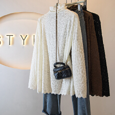 批发实拍实价大码女装秋冬季新款韩系温柔磨毛蝴蝶蕾丝内搭波浪边上衣