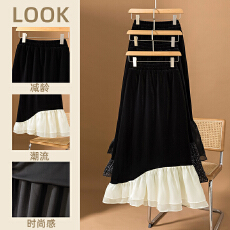 批发实拍大码女装冬季新款韩版高级感丝绒设计感<b class='q'>蕾丝</b>拼接显瘦<b class='q'>半身裙</b>