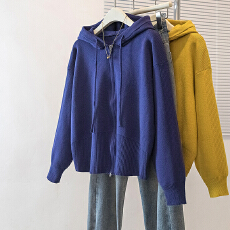 批发实拍大码女装冬季新款<b class='q'>韩版</b>宽松纯色连帽拉链毛衣懒风针织外套上衣