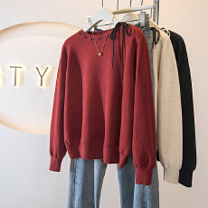 批发实拍大码女装新款韩版蝴蝶结系带正肩软糯慵懒巨好看减龄针织上衣