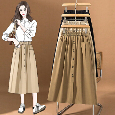 批发实拍<b class='q'>大码</b>女装新款韩版A字口袋纽扣纯色设计显瘦松紧腰高腰半身裙