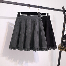 批发实拍大码女装新款韩版流苏针织百褶短裙a字伞裙高腰显瘦半身裙