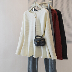 批发实拍大码女装<b class='q'>冬</b>季新款韩版休闲通勤简约修身收腰荷叶边针织上衣