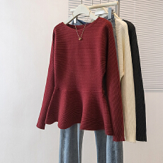 批发实拍大码女装冬季新款韩版休闲<b class='q'>通勤</b>简约修身收腰荷叶边针织上衣