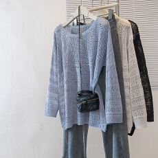 批发实拍大码女装新款气质韩系宽松防晒高级设计慵懒上衣罩衫镂空上衣