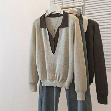 批发实拍大码女装新款韩版撞色Polo领针织衫假两件设计感宽松显瘦上衣
