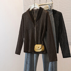 批发实拍大码女装新款韩版高级感潮流V领半开细闪肌理感设计显瘦上衣