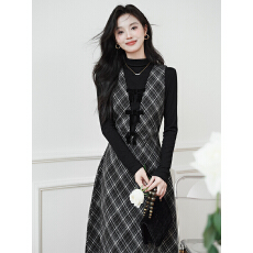 批发实拍 复古法式针织打底收腰蝴蝶结<b class='q'>格子</b>裙套装 上架+40以上