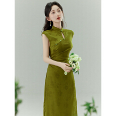 批发实拍 新中式绿色提花显瘦显白旗袍连衣裙 上架+40以上