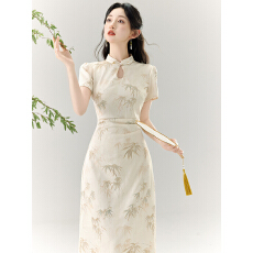 批发实拍 新中式竹叶收腰国风旗袍连衣裙 上架+40以上