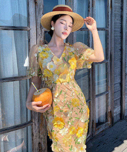프랑스식 무거운 작업 3 차원 꽃 자수 드레스 욕망 순수한 거품 소매 휴가 롱 스커트