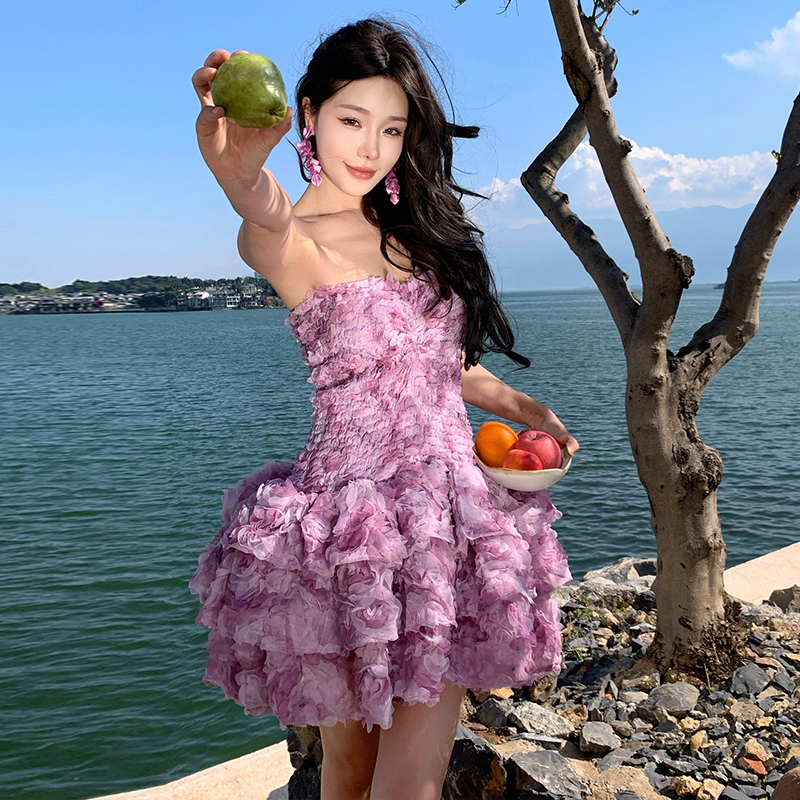 재고 상품 유럽과 미국 섹시함 미니 스커트 3 차원 꽃 디스크 꽃 명중 가져 가라. 허리 수축 몸매 가꾸기 프릴 튜브탑 예복 드레스