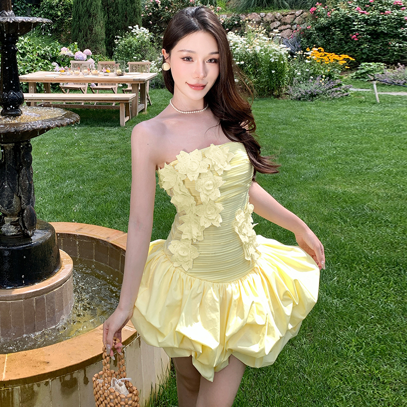 무거운 작업 3 차원 꽃 드레스 여름 해변가 휴가 바람 오프숄더 튜브탑 예복 치마 프릴 미니 스커트