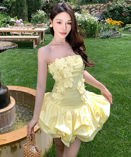 무거운 작업 3 차원 꽃 드레스 여름 해변가 휴가 바람 오프숄더 튜브탑 예복 치마 프릴 미니 스커트