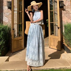 批发温柔风蕾丝刺绣挂脖马甲<b class='q'>上衣</b>高腰A摆法式半身裙两件套