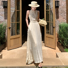 批发博主同款法式花边拼接镂空无袖连衣裙收腰气质亚麻长裙