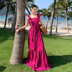 批发夏季新款小飞袖露背连衣裙绑带设计度假风长裙