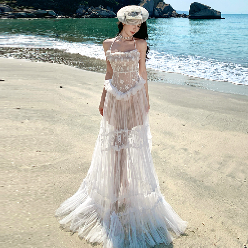 仙气浪漫网纱拼接抹胸连衣裙气质重工长裙