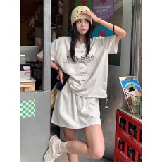 批发<b class='q'>韩版</b>休闲运动风套装女夏季宽松减龄抽绳短袖包臀A字短裙两件套潮