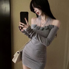 批发法式一字肩<b class='q'>挂</b><b class='q'>脖</b>连身裙掐腰包臀长袖<b class='q'>连衣裙</b>子女装性感穿搭短裙