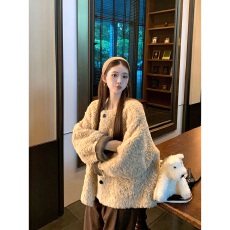 批发慵懒风环保羊羔毛外套<b class='q'>女装</b>秋季短款宽松加厚皮毛一体休闲减龄上衣