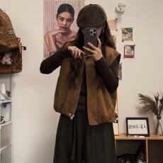 批发麂皮绒复合真超200斤复古叠穿马甲女大码胖mm圆领无袖坎肩外套