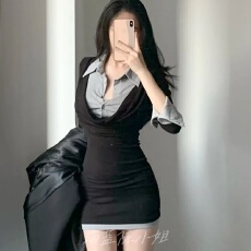 批发黑色假两件polo领衬衫正肩连衣裙女秋季收腰<b class='q'>修身</b>打底显瘦包臀短裙