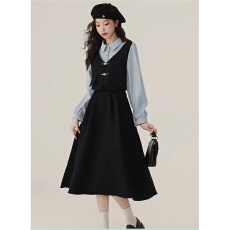 批发蓝精灵法式假两件秋冬校园时尚连衣裙女2025学院风爆款穿搭裙子