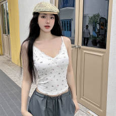 批发有蝴蝶结带胸垫肩带可调碎花<b class='q'>蕾丝</b>辣妹吊带背心女