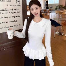 批发260克磨毛罗纹 娃娃领白色<b class='q'>长袖</b><b class='q'>T</b><b class='q'>恤</b>荷叶花边修身打底上衣