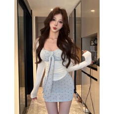 批发波点长袖上衣2025秋冬纽结飘带收腰包臀裙<b class='q'>套装</b>