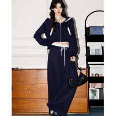 批发纯棉华棉原版做工连帽短款卫衣女宽松<b class='q'>运动</b>抽绳卫裤两件套套装秋季