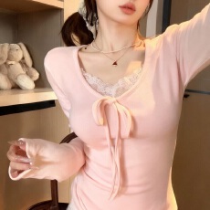 批发纯欲风系带<b class='q'>蕾丝拼接</b>打底衫女秋冬粉色内搭修身显瘦甜辣妹长袖上衣